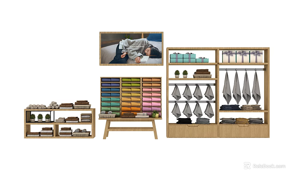 Wooden Display Shelves With Multi Tiered Layers For Organized Clothing Boxes Books And Accessories 3d model 