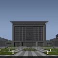 Modern Office Building Exterior With Symmetrical Design Courtyard Water Feature And Landscaped Gardens