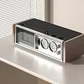 Vintage Radio With Wooden Case And Metal Panel On White Table With Blinds Background