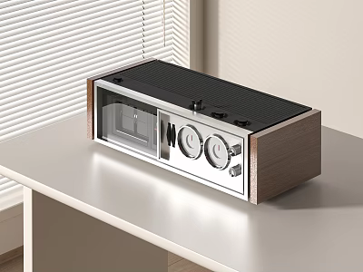 Vintage Radio With Wooden Case And Metal Panel On White Table With Blinds Background 3d model