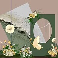 Art Installation Featuring Green Square Structure Circular Mirror Rock Texture Floral And Butterfly Accents