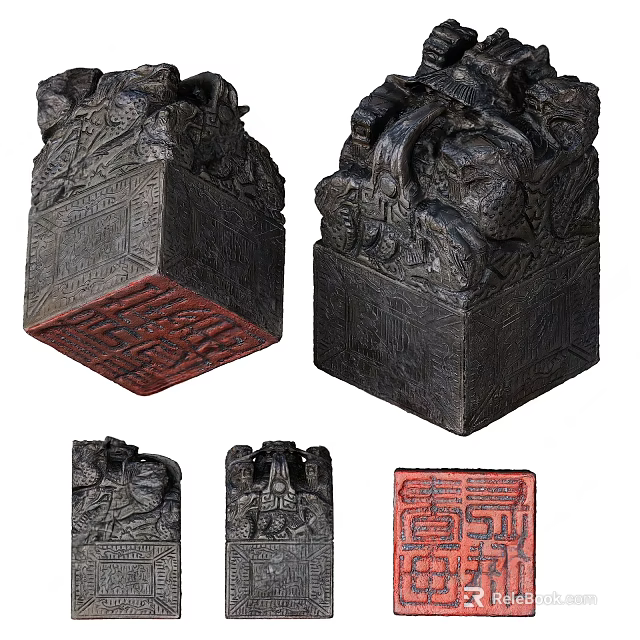 Traditional Carved Stone Seals With Intricate Designs And Red Stamp Impressions 3d model 