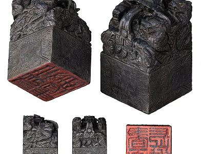 Traditional Carved Stone Seals With Intricate Designs And Red Stamp Impressions 3d model