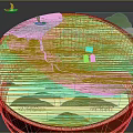 3D Terrain Model Featuring Green Mountains River Houses Trees Clouds And Birds