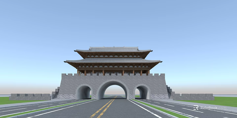 Traditional Ancient Gate Architecture With Multi tiered Roof Stone Archways And Gray Walls Along Roadway 3d model 