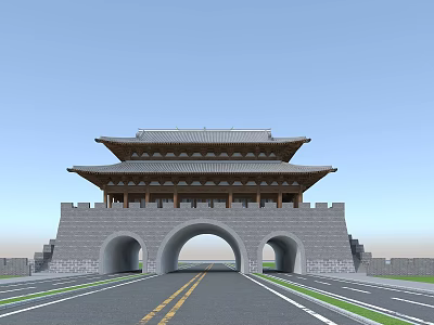 Traditional Ancient Gate Architecture With Multi tiered Roof Stone Archways And Gray Walls Along Roadway 3d model