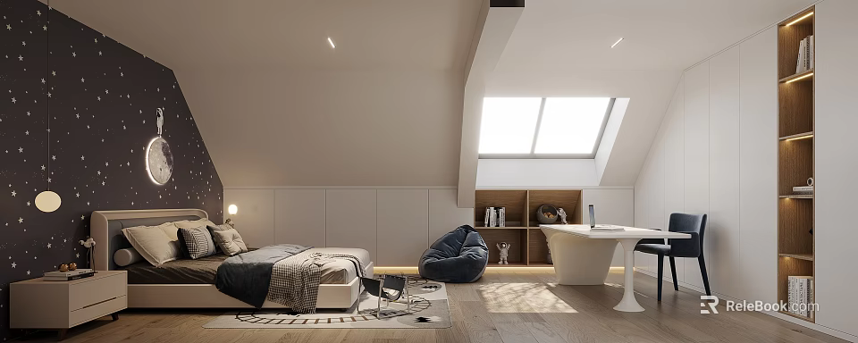 Modern Minimalist Bedroom Interior With Bed Bean Bag Chair Desk And Skylight Window 3d model 
