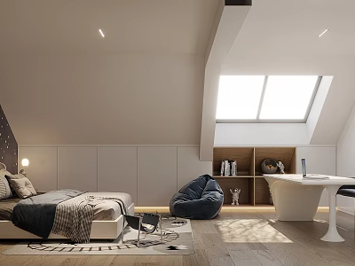 Modern Minimalist Bedroom Interior With Bed Bean Bag Chair Desk And Skylight Window 3d model