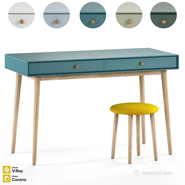 Blue Wooden Dressing Table with Two Drawers and Yellow Stool Design 3d model