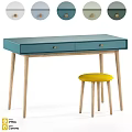 Blue Wooden Dressing Table with Two Drawers and Yellow Stool Design 3d model