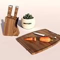 Kitchen Cabinets Featuring Wooden Cutting Board Knives Carrots and Potted Plant