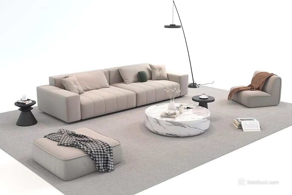 Modern Beige Sofa and Coffee Table Set with Marble Top Armchair Ottoman and Floor Lamp 3d model 