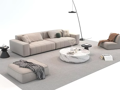 Modern Beige Sofa and Coffee Table Set with Marble Top Armchair Ottoman and Floor Lamp 3d model