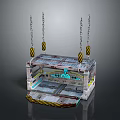 Industrial Lifting Platform Structure With Hanging Chains Yellow Hoisting Rings And Blue Lighting