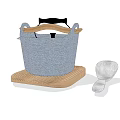 Stylish Blue Cooking Pot With Black Handle On Wooden Cutting Board And Silver Spoon