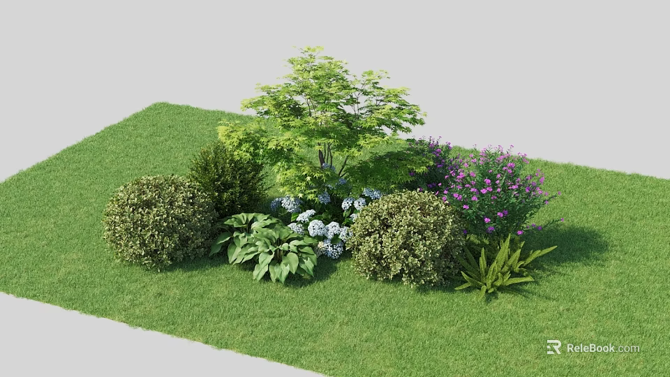 Garden Plant Combination With Green Lawn Bushes Flowering Plants And Various Heights 3d model 