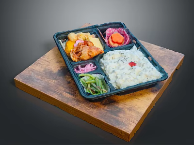 Tasty Bento Box With Grilled Chicken Fresh Vegetables Rice And Creamy Sauce 3d model