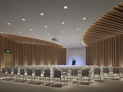 Modern Conference Room With Curved Wooden Walls Gray Chairs And Recessed Lights 3d model