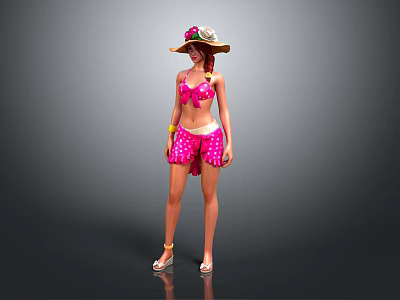 Fashionable Female Character Wearing Pink Polka Dot Outfit With Floral Hat And Sandals 3d model