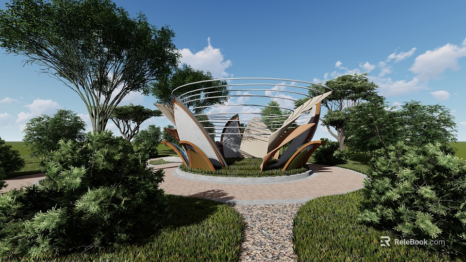 Modern Landscape Sculpture With Curved Metal Structure Amidst Green Trees And Grass 3d model 