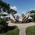 Modern Landscape Sculpture With Curved Metal Structure Amidst Green Trees And Grass
