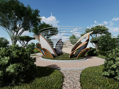 Modern Landscape Sculpture With Curved Metal Structure Amidst Green Trees And Grass 3d model