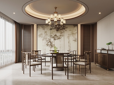 New Chinese-style private room restaurant private room balcony dining table and chair chandelier background wall 3d model