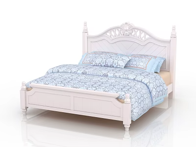 White Double Bed With Carved Headboard Blue And White Patterned Bedding And Pillows 3d model