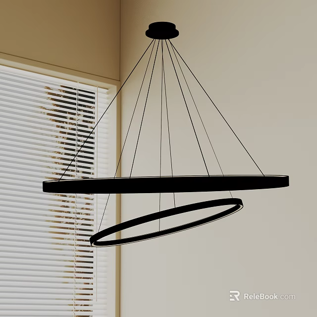 Modern Black Double Ring Pendant Light Hanging Over Light Colored Walls With Window Blinds 3d model