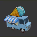 Blue Ice Cream Truck with Waffle Cone and Striped Awning Serving Cold Sweet Treats