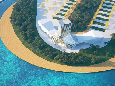 Aerial View Planning Of Waterfront Modern White Buildings With Glass Curtain Walls Greenery And Trees 3d model