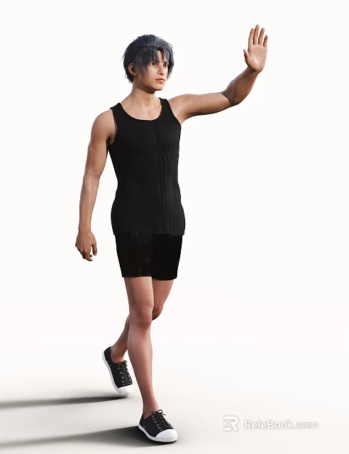 Man In Black Sleeveless Tank Top And Black Shorts Walking With Raised Arm 3d model 