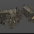 Vintage Wooden Wagons With Canvas Covers And Surrounding Clay Pots And Barrels