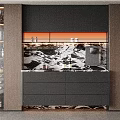 Modern Elegant Sideboard With Dark Gray Cabinets Black Marble Countertop And Orange Accent Lighting