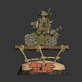 Detailed Decorative Tank Model On Wooden Base With Ropes Shells And Red Characters