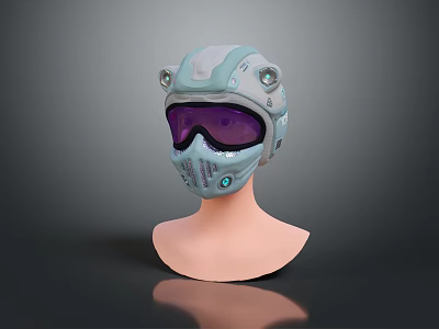 Light Blue Tactical Helmet With Purple Goggles And Circular Components On Mannequin Head Dark Background 3d model