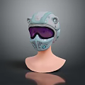 Light Blue Tactical Helmet With Purple Goggles And Circular Components On Mannequin Head Dark Background