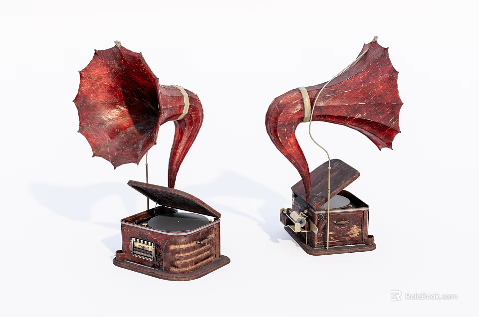 Vintage Gramophone Audio Equipment With Red Horn And Wooden Base Design 3d model 
