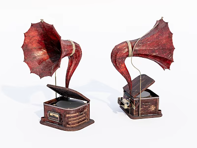 Vintage Gramophone Audio Equipment With Red Horn And Wooden Base Design 3d model