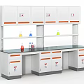 Laboratory Workbench Setup With White Cabinets Drawers And Colorful Beakers