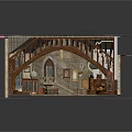 Medieval Architectural Interior With Arched Wooden Roof Trusses Stone Walls And Wooden Benches