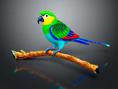 Colorful Parrot With Vibrant Green Yellow Red Blue Feathers Perched On A Natural Wooden Branch 3d model