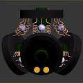 3D Rendered Mechanical Structure With Black Silver Components And Green Circular Sections