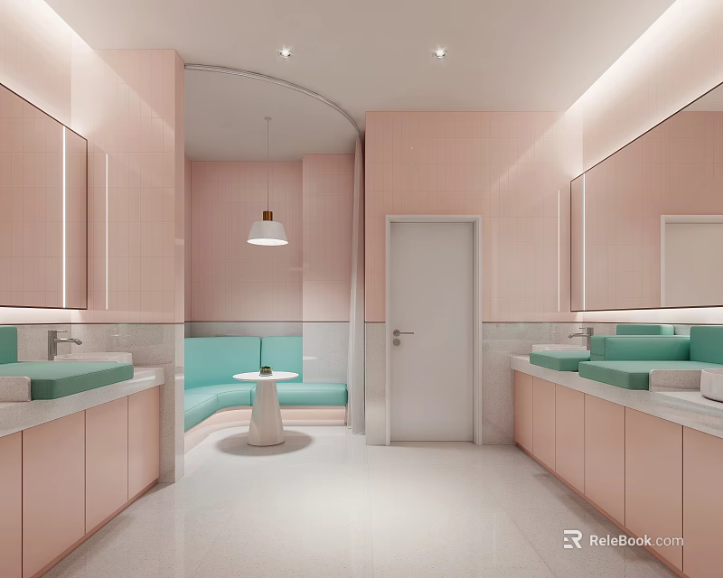 Modern Pink Bathroom With Green Sinks And Turquoise Seating 3d model