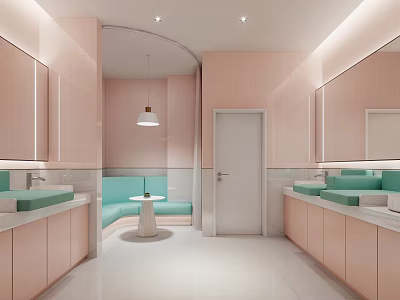 Modern Pink Bathroom With Green Sinks And Turquoise Seating 3d model