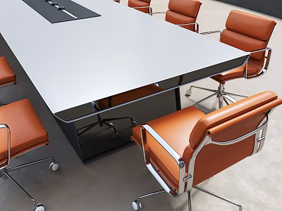 Modern Conference Room Interior Design With Large Light Gray Table And Orange Leather Chairs 3d model