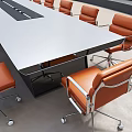 Modern Conference Room Interior Design With Large Light Gray Table And Orange Leather Chairs