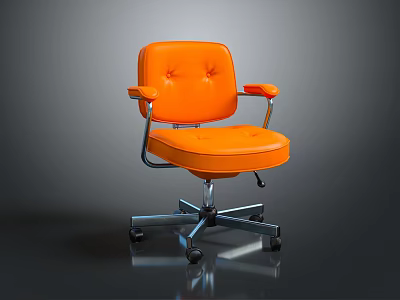 Orange Leather Office Chair With Armrests And Metal Swivel Base On Wheels 3d model
