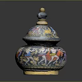 Artistic Sculpted Jar With Lid Featuring Colorful Figure Patterns And Golden Top Decoration