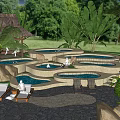 Park Landscape With Irregular Ponds Lounge Chairs Thatched Pavilion And Tropical Plants